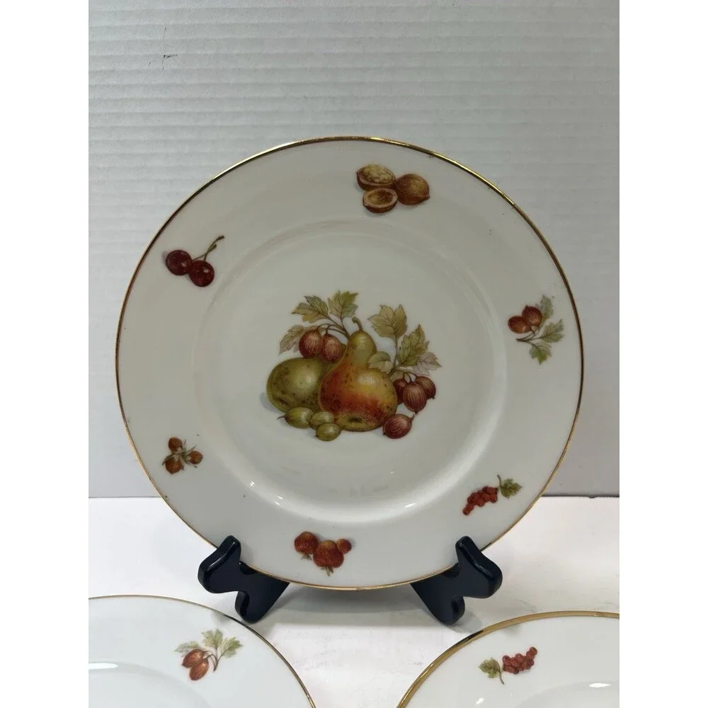 Vintage JKW Bavaria Germany Porcelain Set of 3 Fruit Design Plates Gold Rim